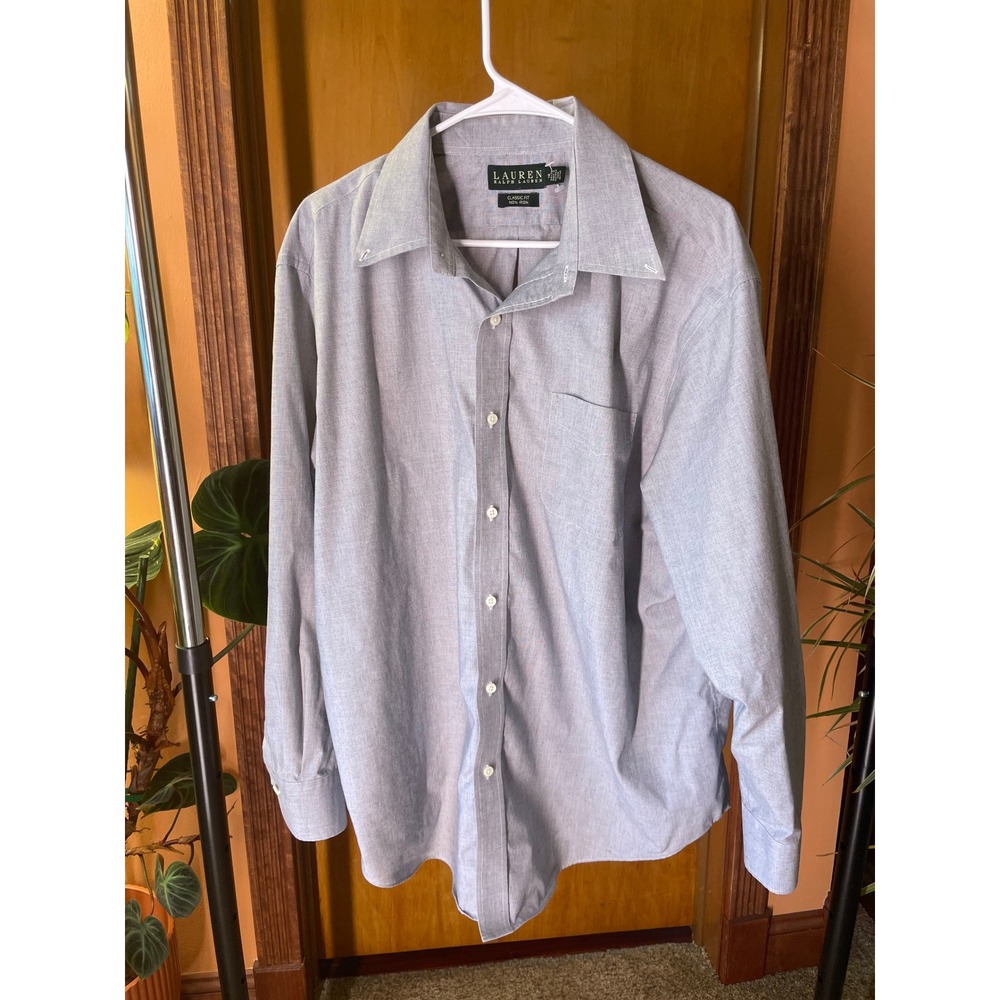 Lauren Ralph Lauren Mens 18 34/35 Blue Non Iron Classic Fit Dress Shirt Cotton